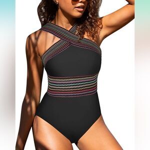 Hilor women's One Piece Swimsuits Front Crossover Swimwear Hollow Bathing Suit